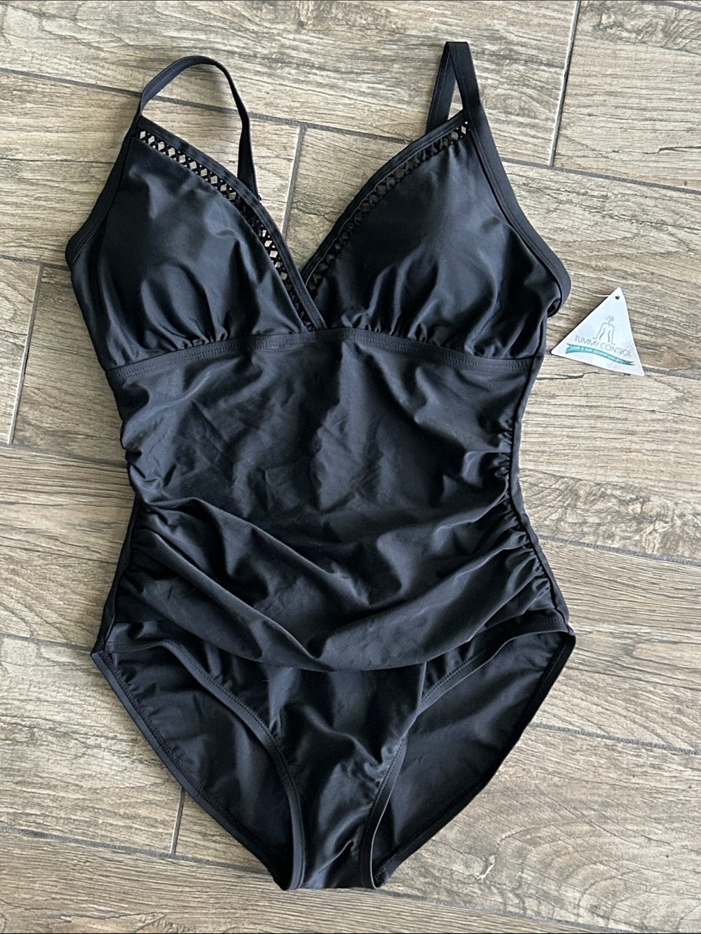 NWT..Black One-Piece Swimsuit with V-Neck Trim Size M
